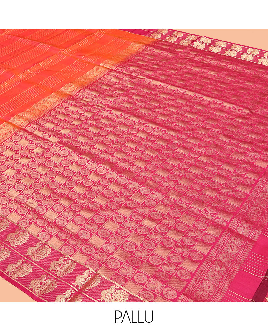 Orange Mayuri Lite Silk Mix Saree, Adorned with Zari Checks, Complemented by Contrast Mayil-Yaanai Border, Pallu of Mayil and Chakram, and a Contrast Blouse
