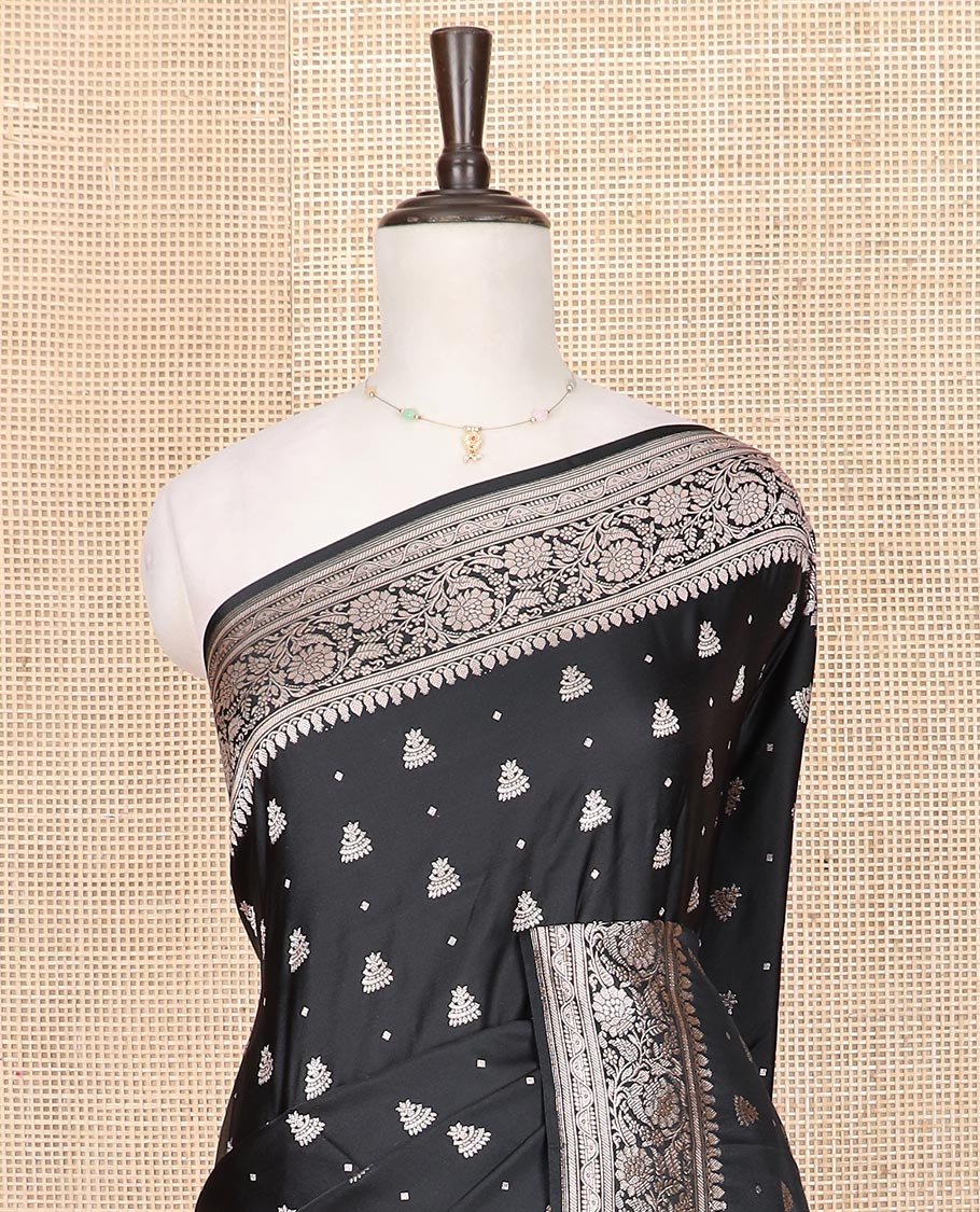 Black zari buttas mushru silk saree, floral creeper design border, and intricately designed pallu