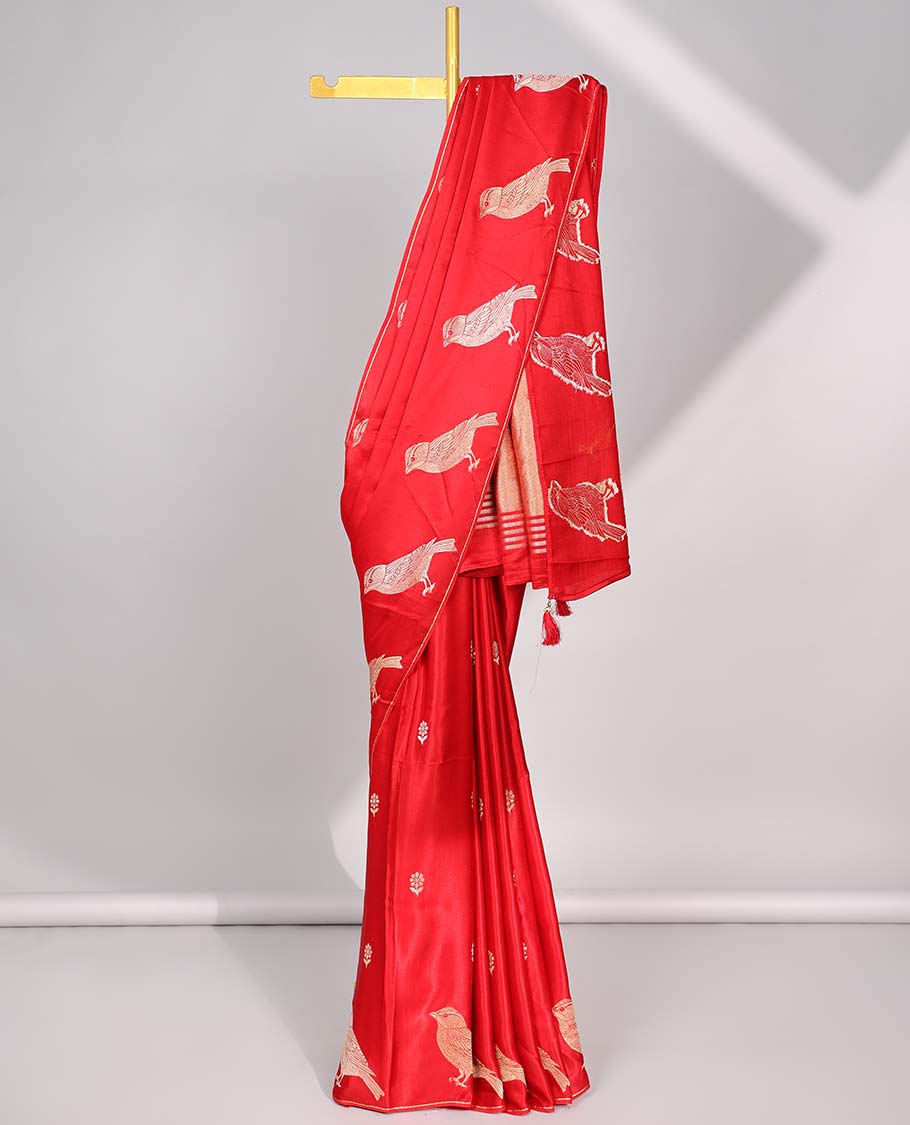 Red floral motifs mushru silk saree with self animal motifs border & striped zari pallu