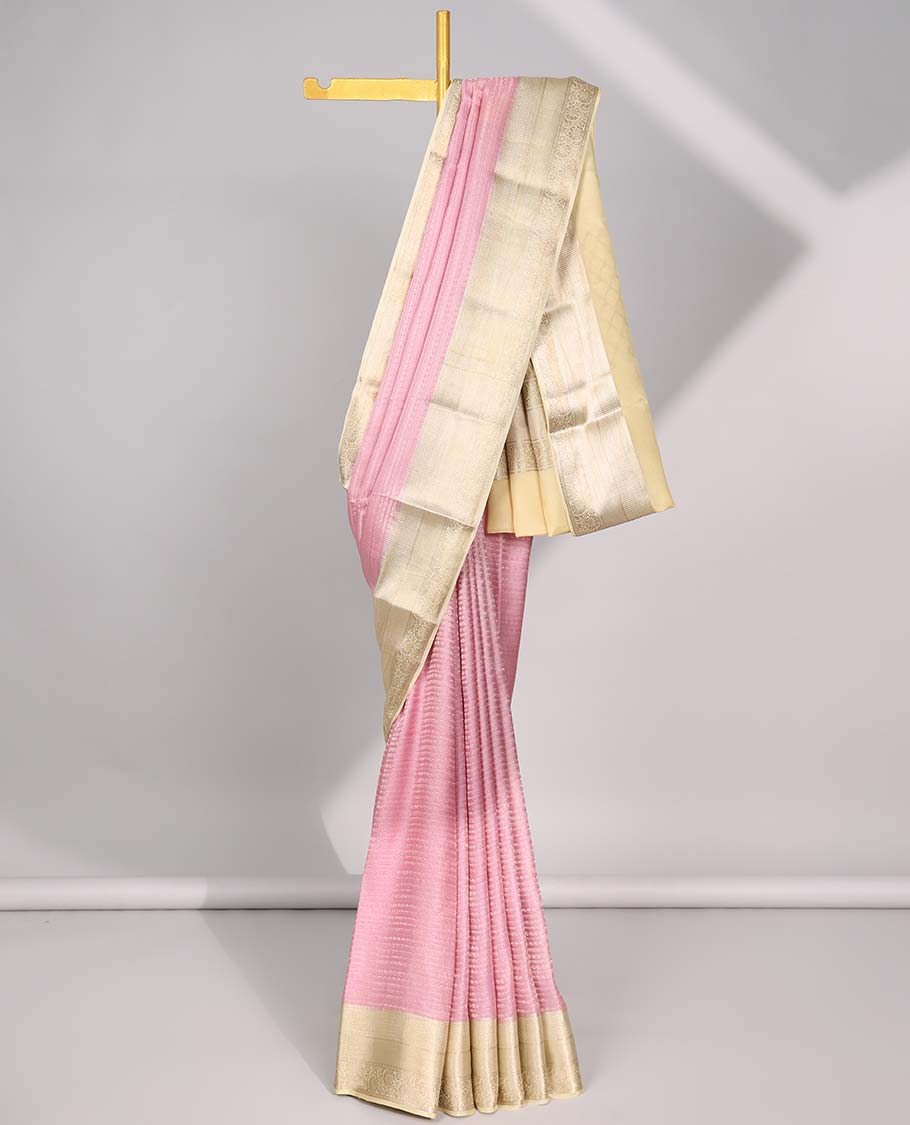 Pink striped design mysore silk saree with contrast zari border & pallu of argyle design