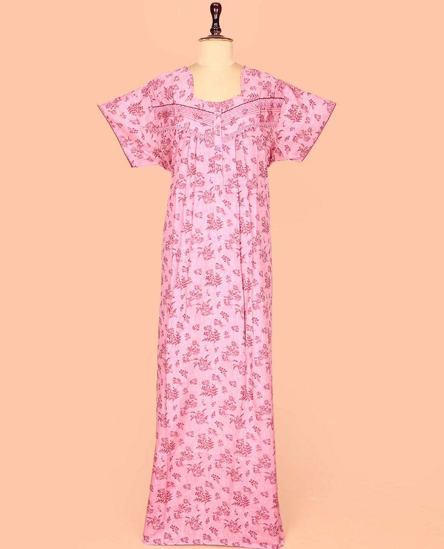 Pink Cotton Nighty Subtly Sparkled with Floral Print, Featuring Lace Work, Square Front Neck, and Half Sleeves