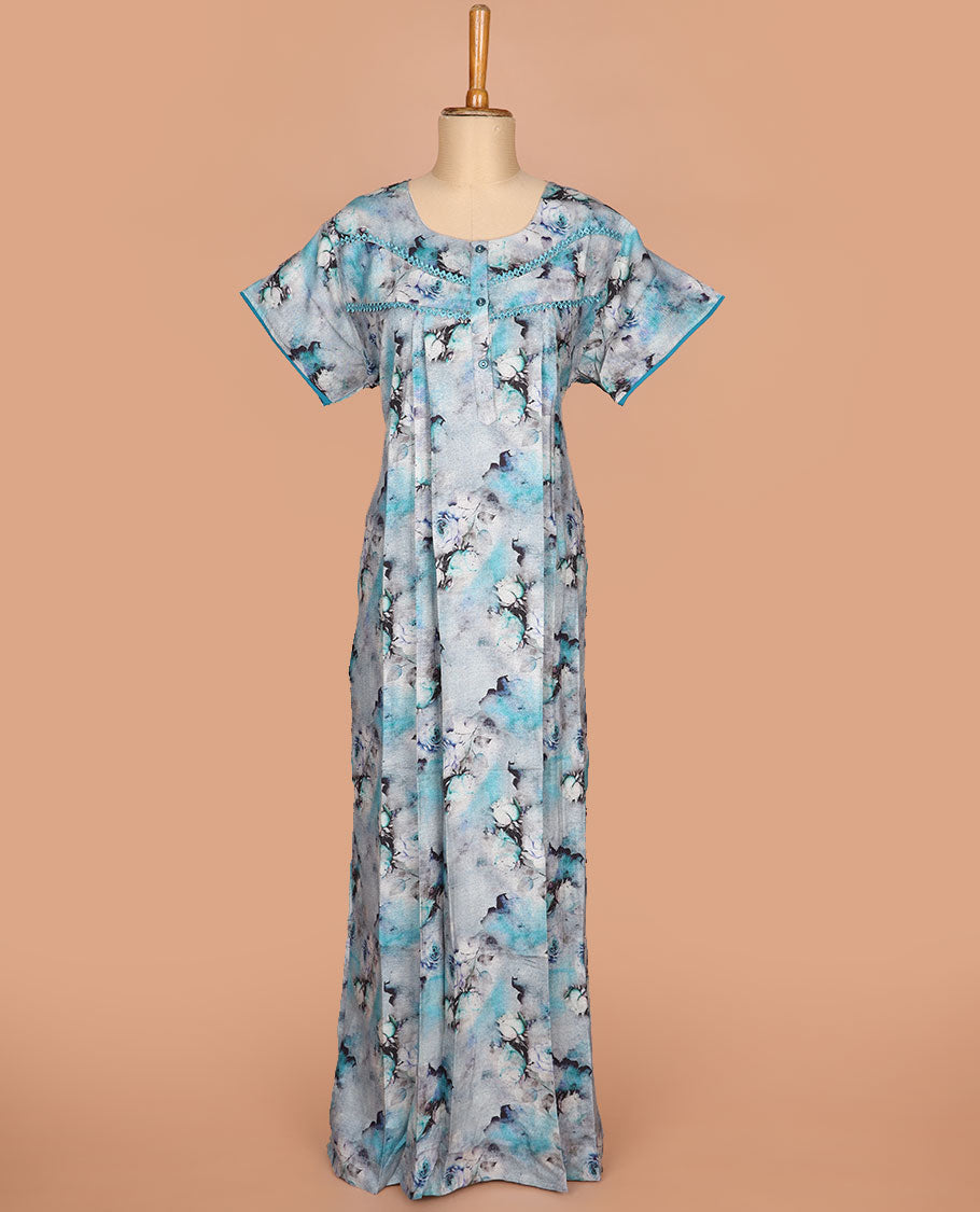 Blue abstract floral printed round neck lace work half-sleeve cotton nighty