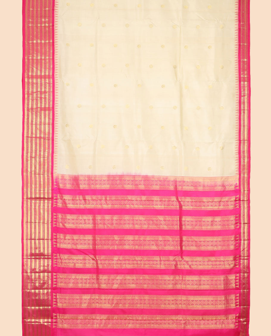 Cream buttas nine yards silk saree with contrast traditional zari design border & intricate zari design pallu