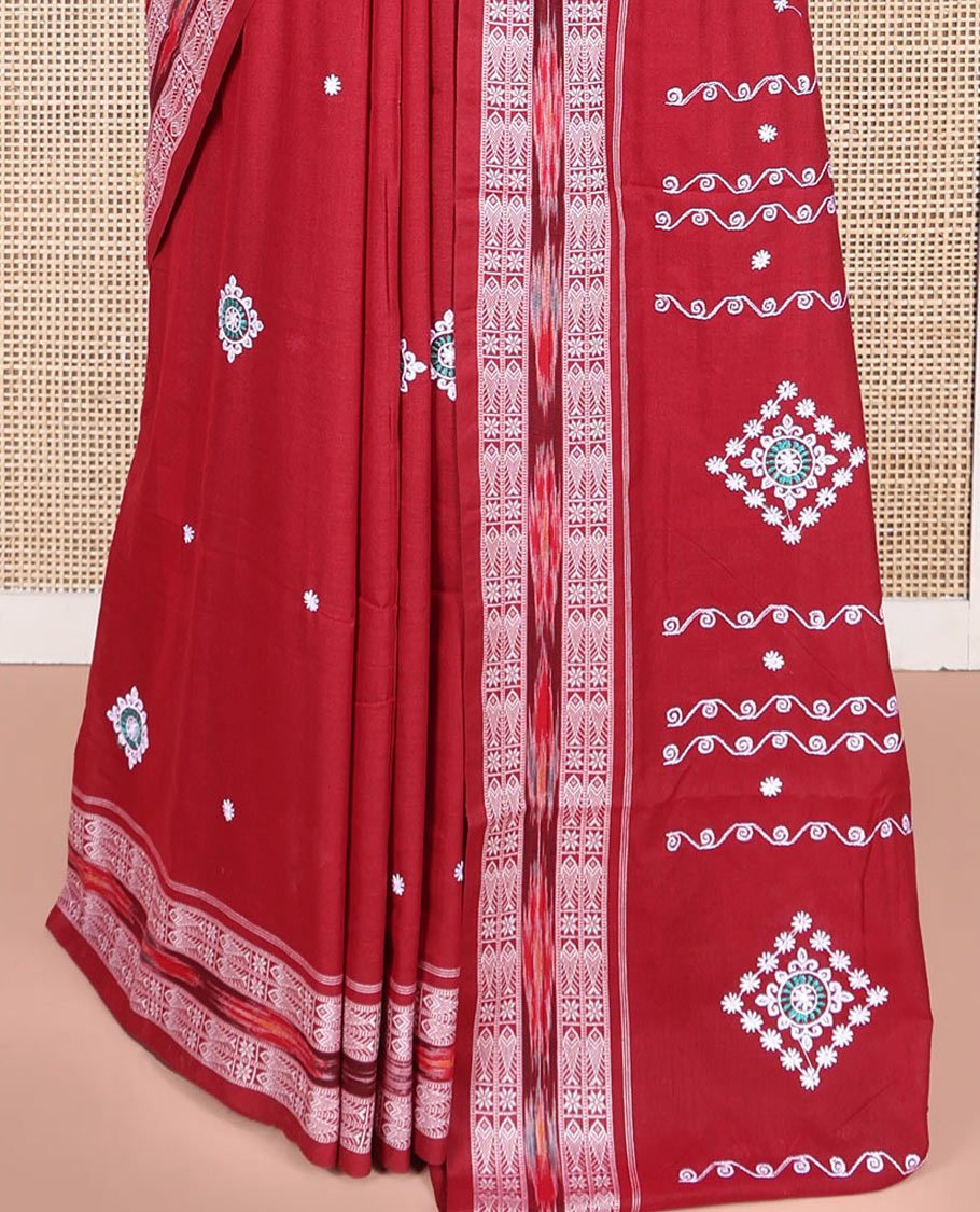 Red Odisha Cotton Saree, Highlighted with Buttas All Over the Body, Subtle Self-Border Steeped with Fish Motifs, Captivating Contrast Pallu of Unique Designs, and Paired with a Contrast Blouse