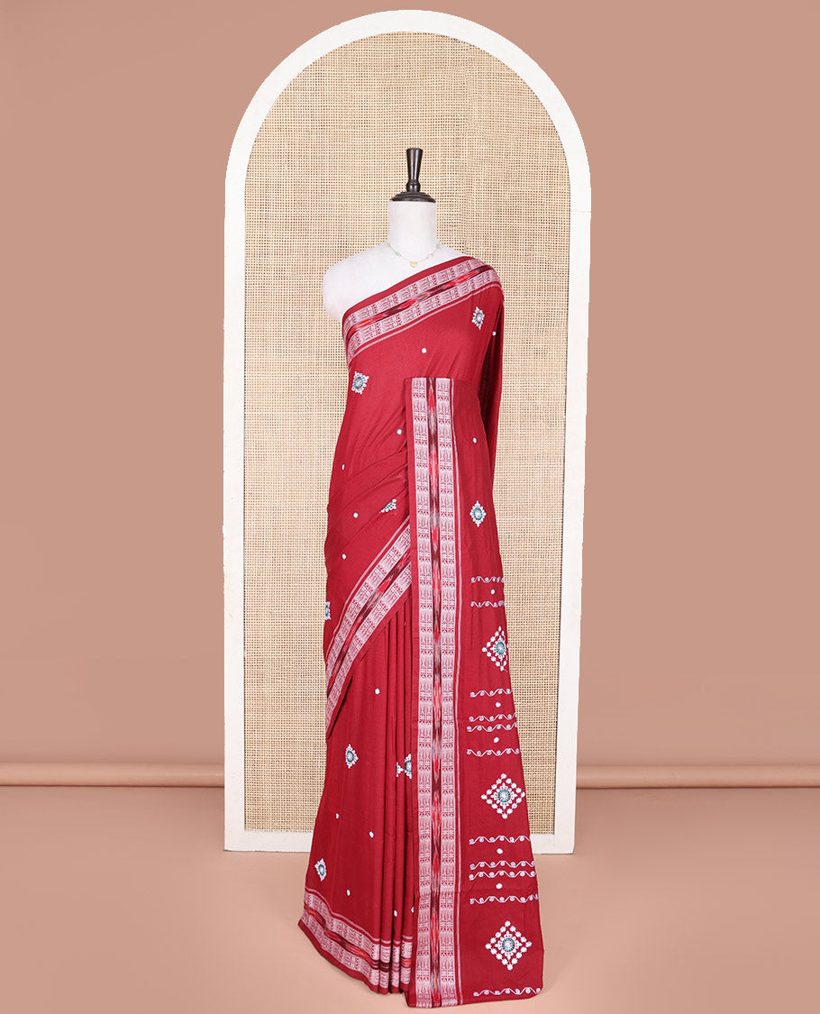Red Odisha Cotton Saree, Highlighted with Buttas All Over the Body, Subtle Self-Border Steeped with Fish Motifs, Captivating Contrast Pallu of Unique Designs, and Paired with a Contrast Blouse