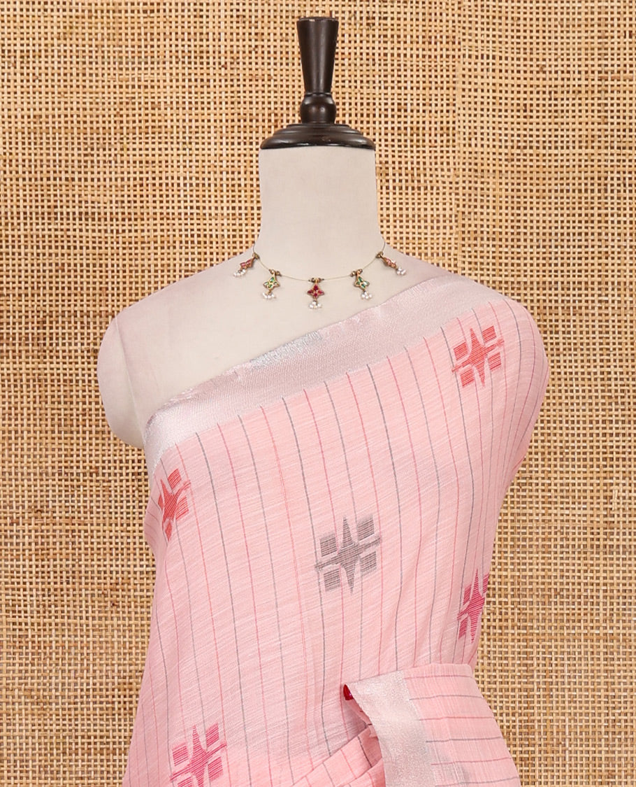 Baby pink vertical stripes & geometric buttas Jute linen saree, Sliver zari border, geometric patterned pallu & vertical striped blouse