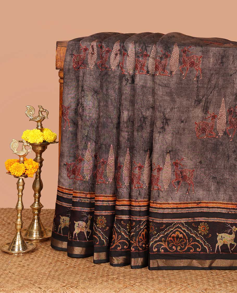 Grey deer, hand block digital printed muslin cotton saree with zari, dee printed border & printed pallu along with printed blouse