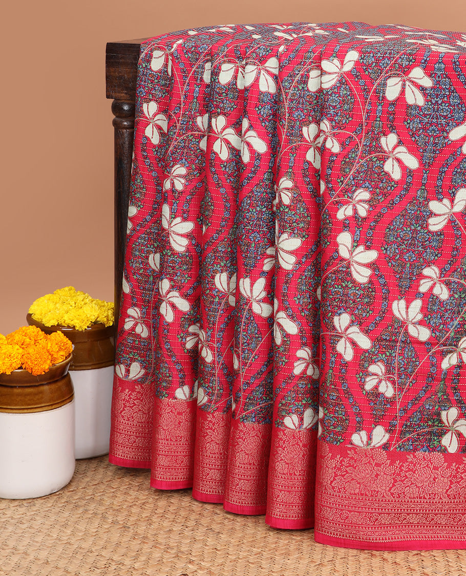 Pink allover foliage with zari line weaving dola silk saree with contrast zari jacquard border & printed rich pallu along with printed blouse
