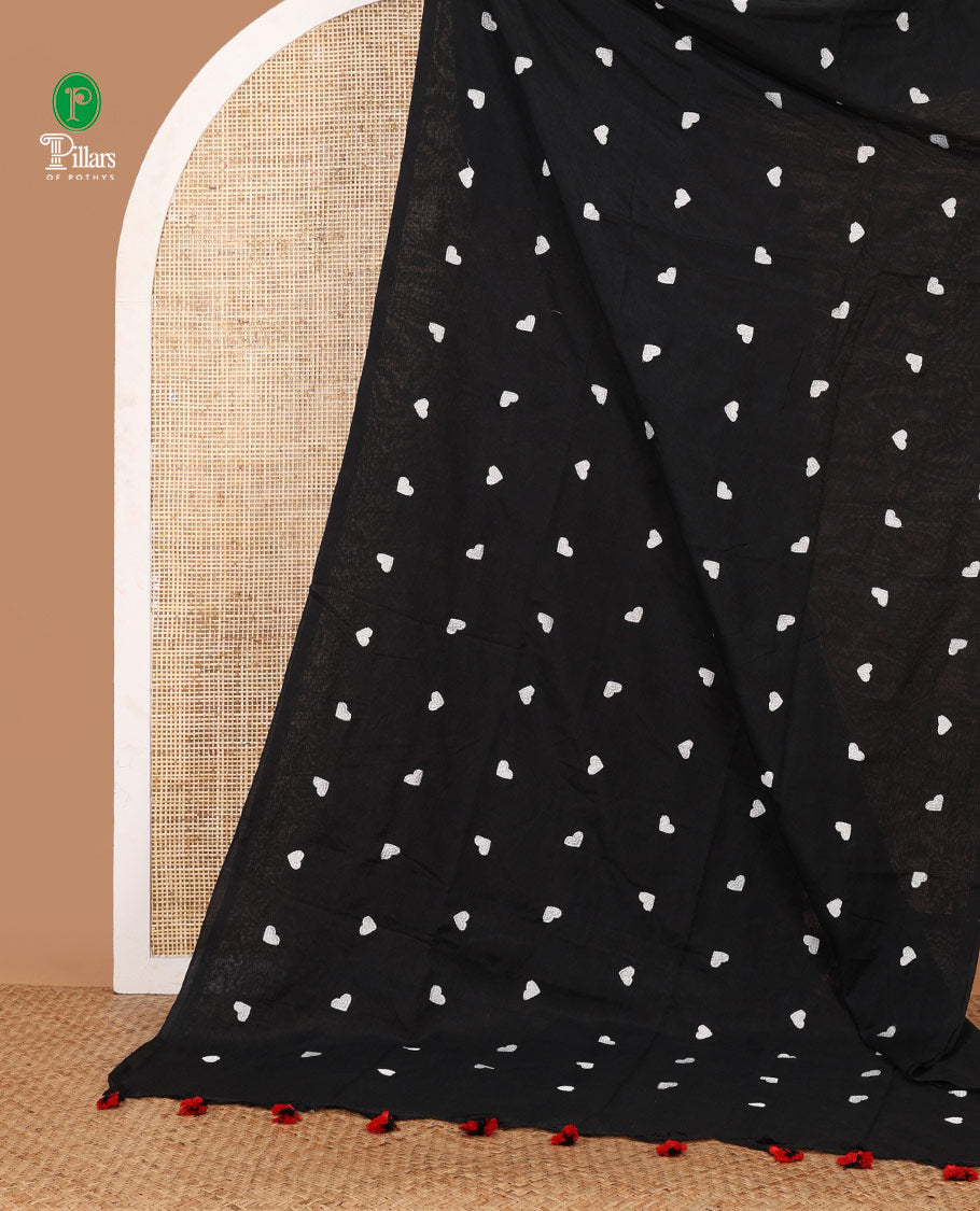 Borderless Black heart thread embroidery jute cotton saree with self pallu & plain blouse