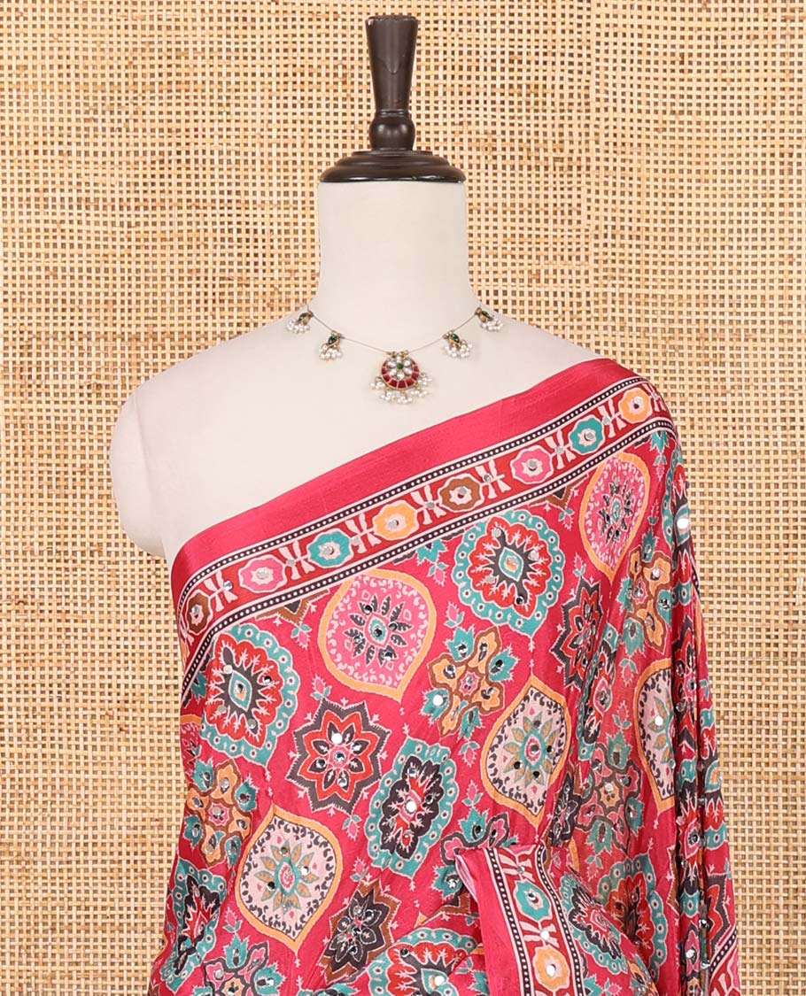 Reddish pink half-&-half colorful geometric print & mirror embroidery masakali saree,printed border & pallu,plain blouse