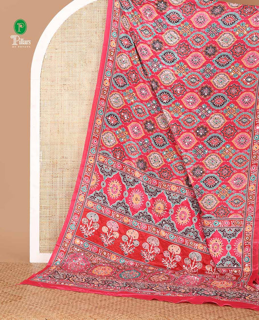 Reddish pink half-&-half colorful geometric print & mirror embroidery masakali saree,printed border & pallu,plain blouse