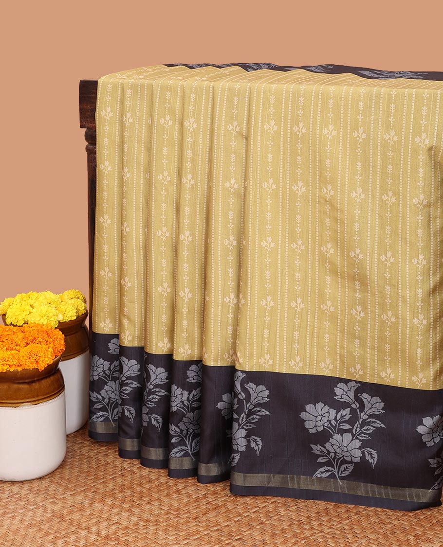mehandi green all-over standing vertical lining printed katan silk saree with contrast double side floral printed design & weaving heavy rich pallu along with contrast printed blouse