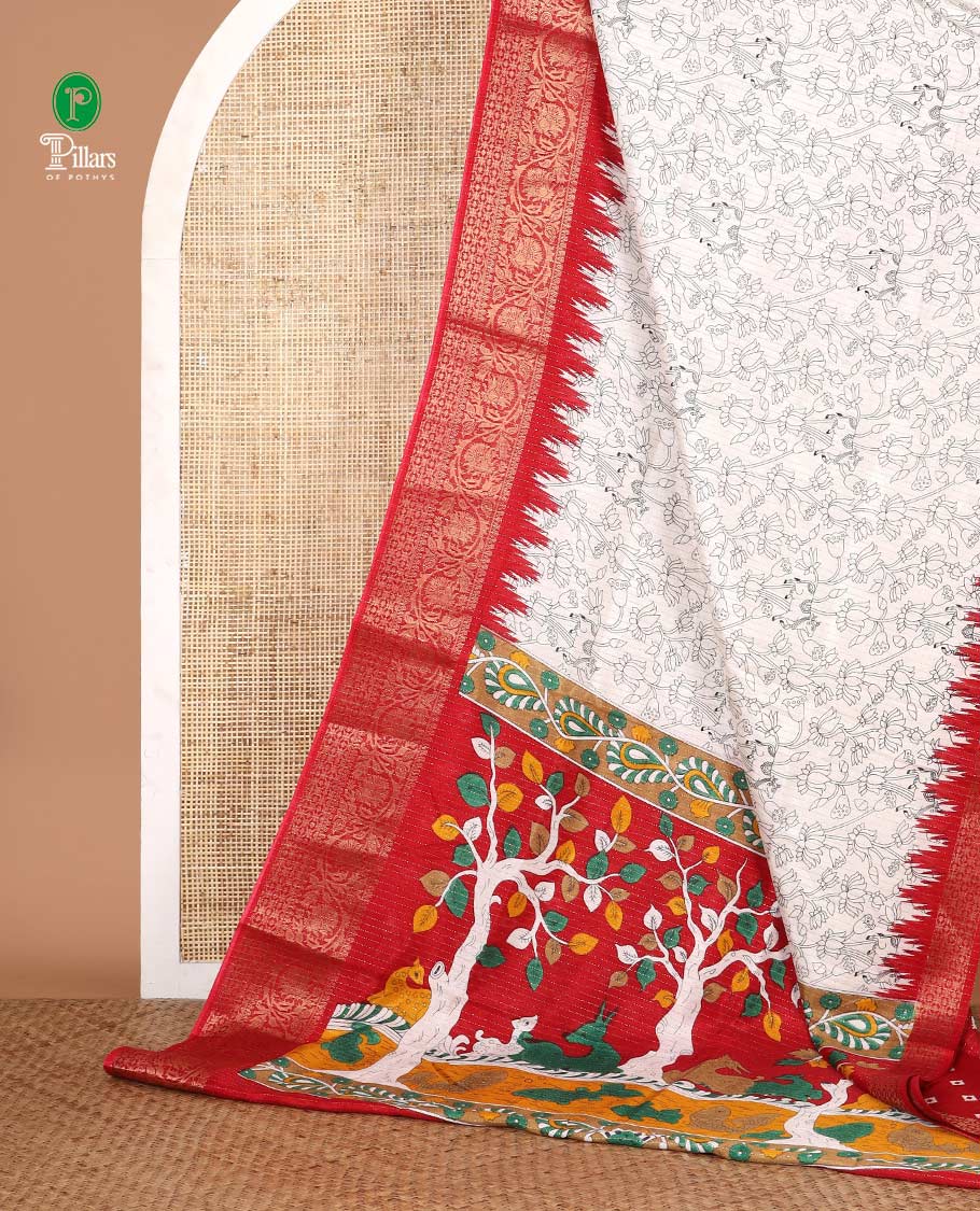 White pichwai cow & lotus printed dola silk saree,contrast red temple traditional zari border, kalamkari printed pallu & printed blouse