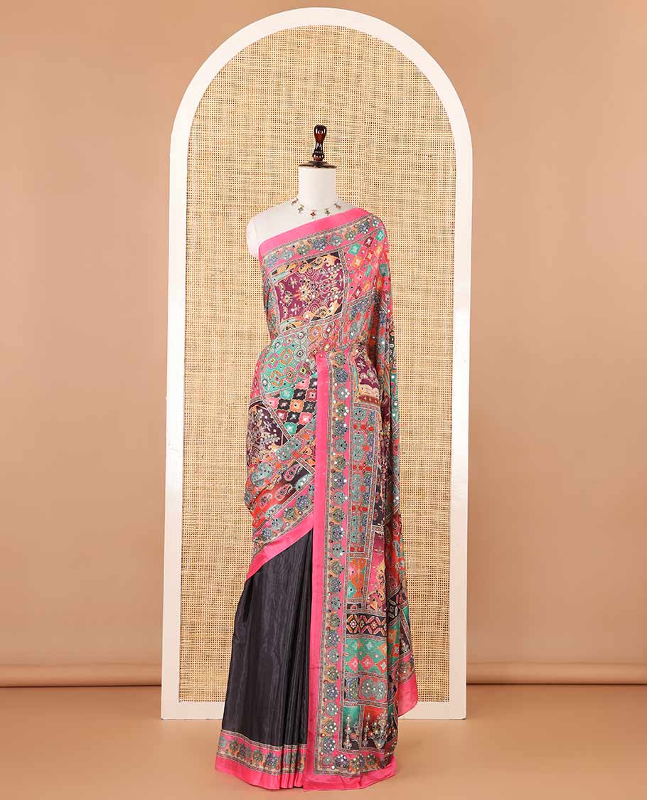 Black half-&-half style geometric print & mirror embroidery masakali saree,self-border & pallu of print & mirror work,plain blouse