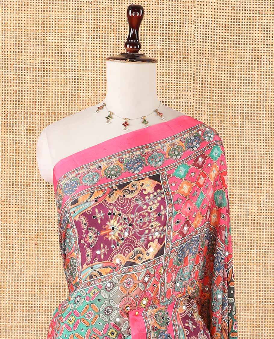 Black half-&-half style geometric print & mirror embroidery masakali saree,self-border & pallu of print & mirror work,plain blouse