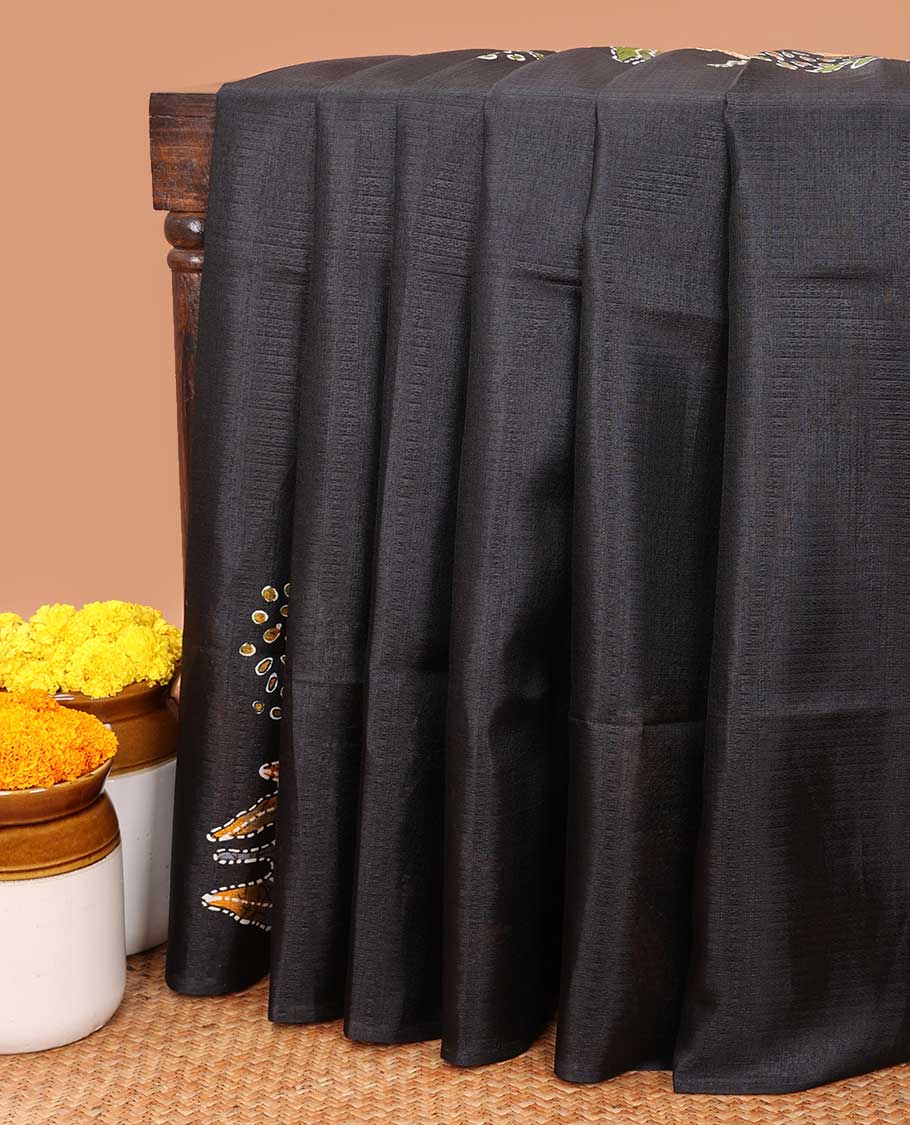 Borderless black printed orchid design semi khadhi saree with printed self, tussels pallu & all over dotted blouse