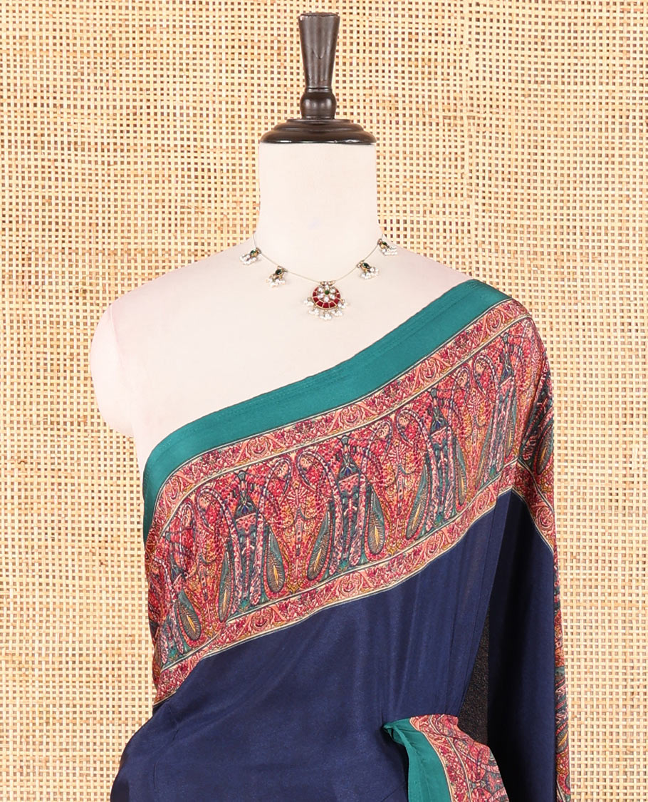 Navy blue full-plain crepe silk saree, contrast multi-color paisley printed border, paisley-geometric printed pallu & plain blouse