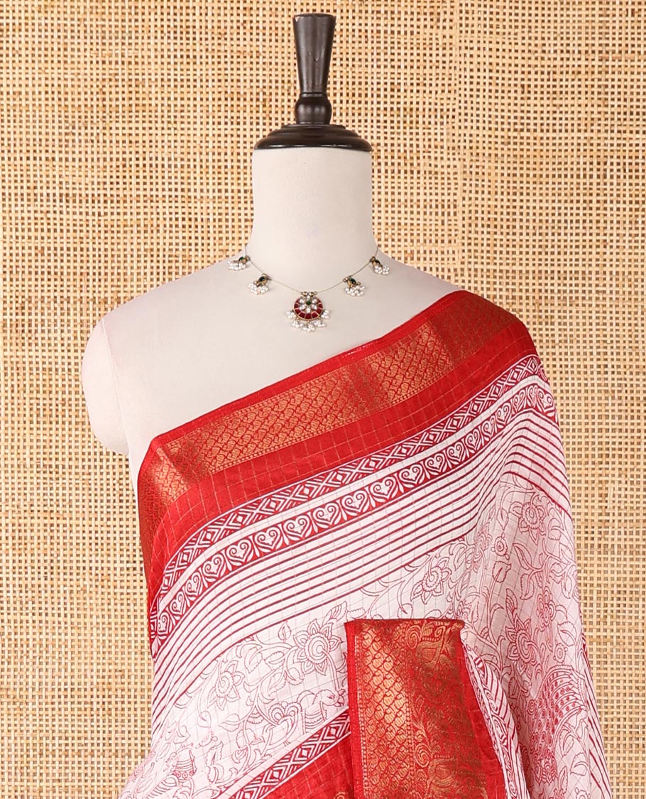 Cream checked & kalamkari-floral & bird dola silk saree, contrast traditional zari red border, kalamkari bird print pallu & printed blouse
