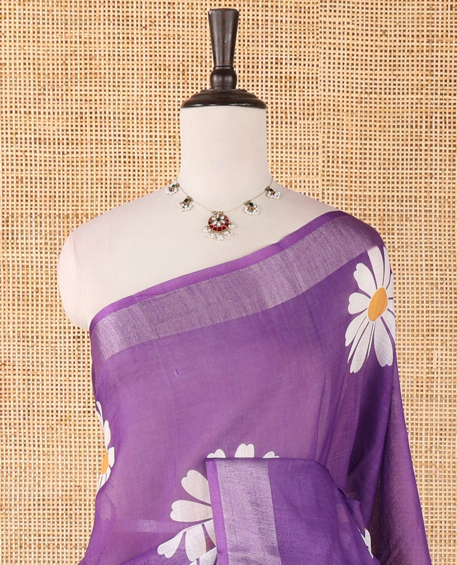 Purple sunflower motif printed linen saree, silver zari plain border & small sunflower motif print blouse