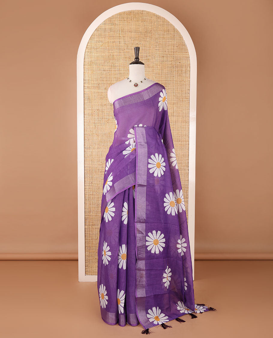 Purple sunflower motif printed linen saree, silver zari plain border & small sunflower motif print blouse