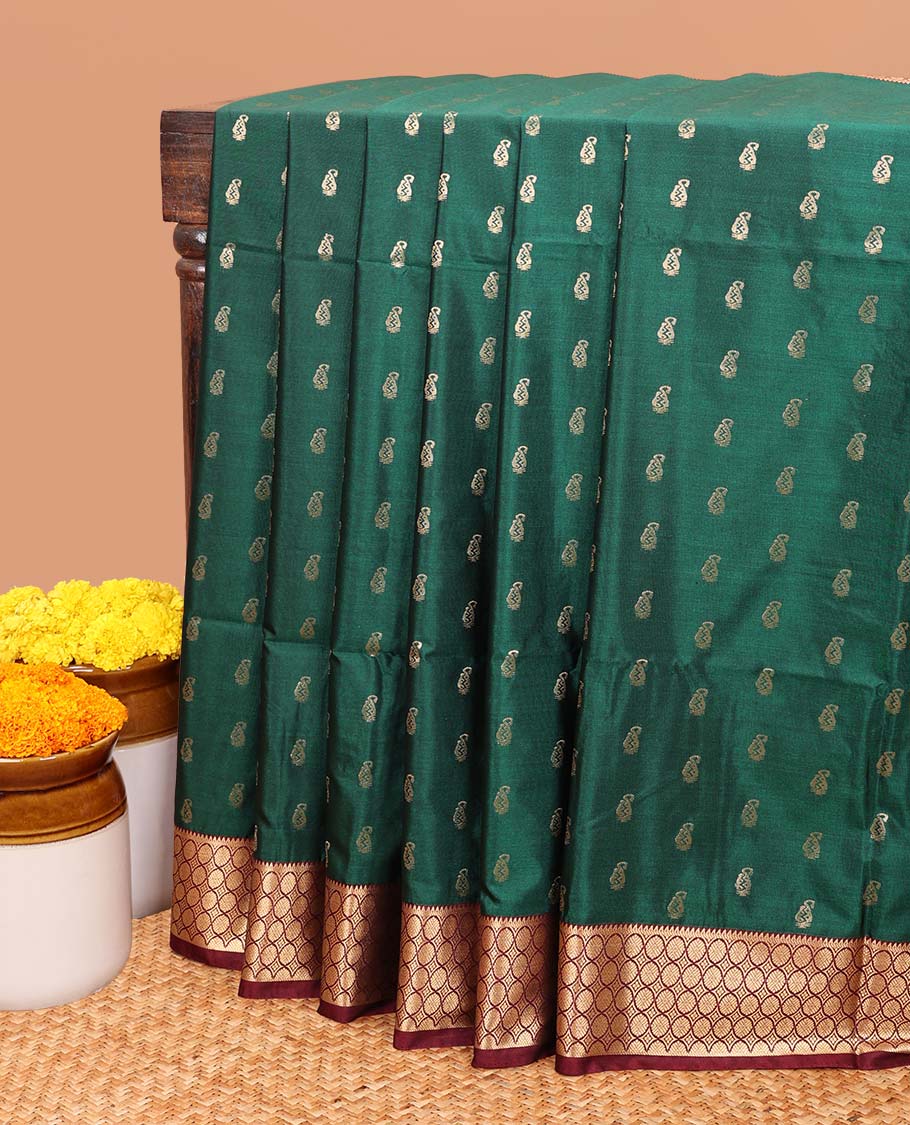 Dark green gold zari small manga buttas fancy softy silk saree with contrast rudrashra design zari waeving border & rich brocade style weaving pallu along with mango self butta blouse