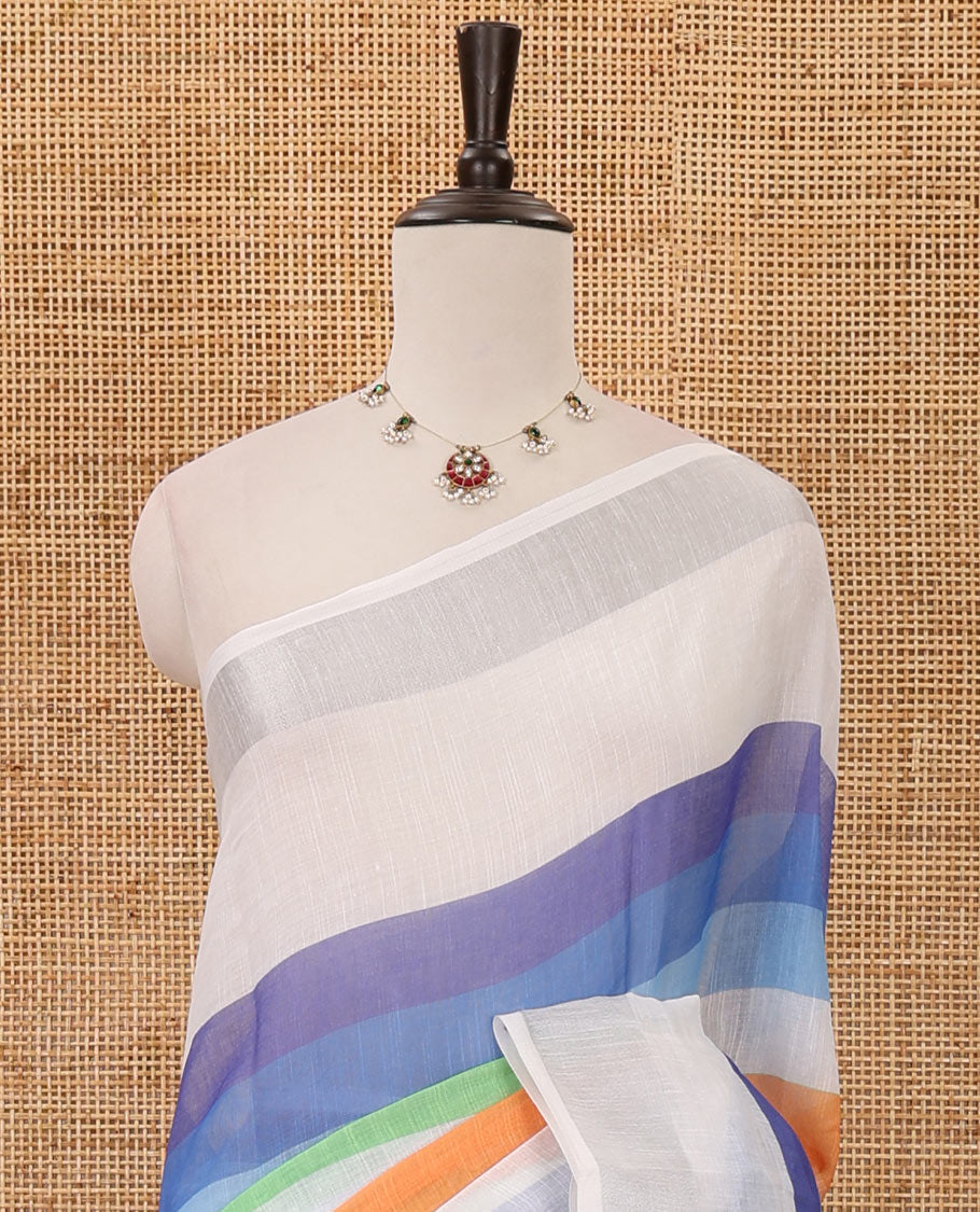 Rainbow color-striped linen saree, silver zari border, Rainbow color-striped fancy pallu & multi-color chevron striped blouse