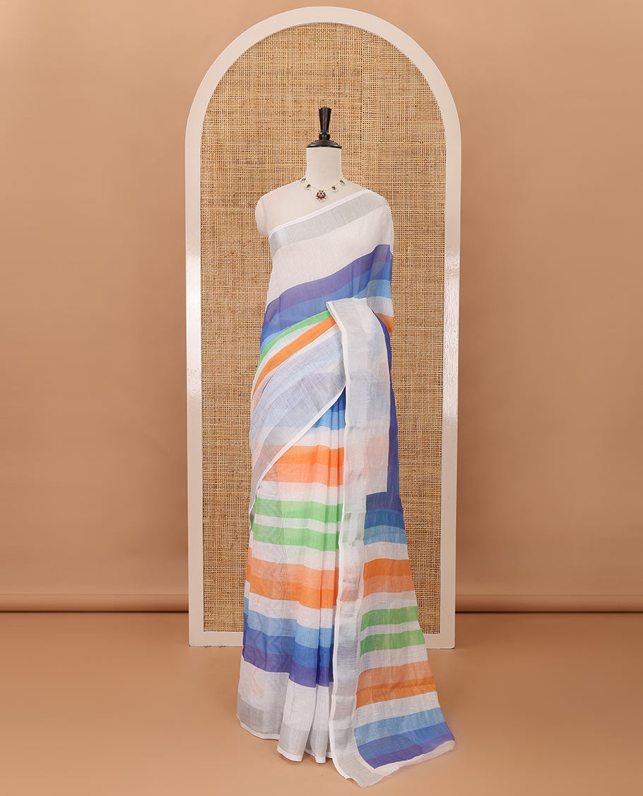 Rainbow color-striped linen saree, silver zari border, Rainbow color-striped fancy pallu & multi-color chevron striped blouse