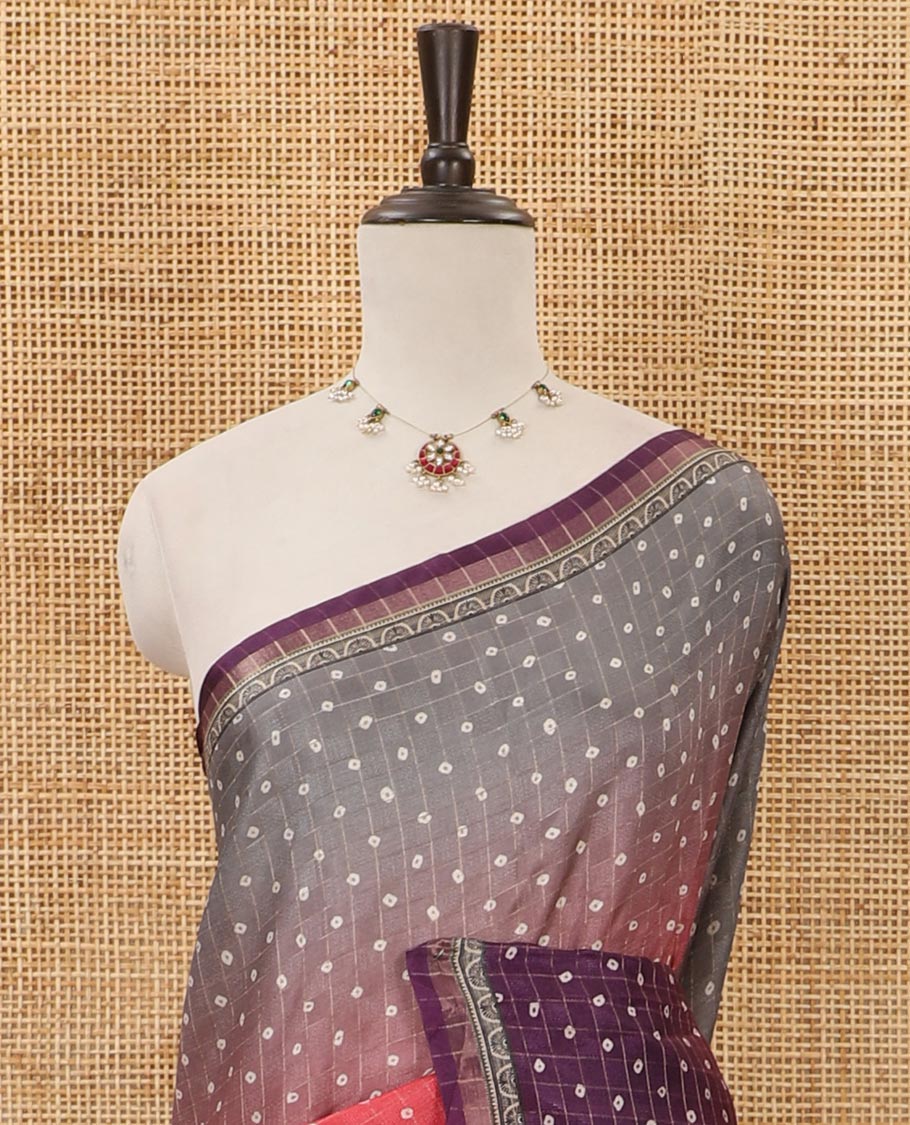 Multi-color ombre-style dyed bandhani dots print checked khadi tussar saree,piping printed border,flora-fauna printed pallu & contrast printed blouse