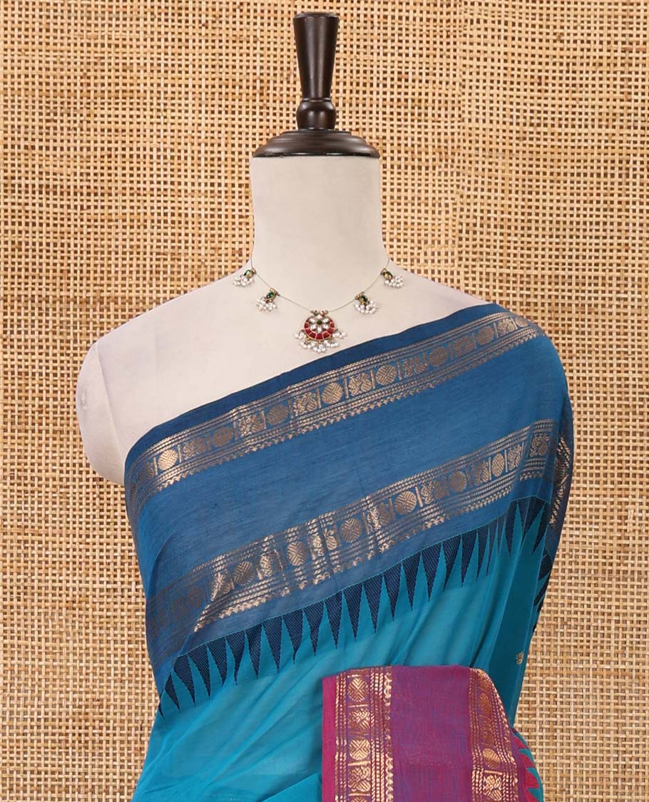 Blue buttas Chettinad cotton saree, contrast ganga jamuna rettai pettu traditional zari border, striped pallu & blouse of zari border