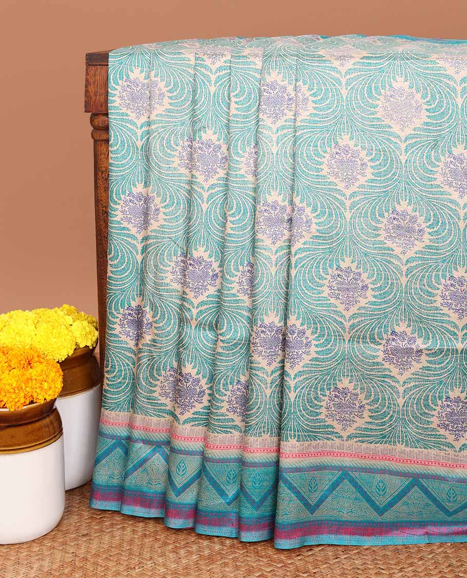 Chiku color discharge print crackle silk saree with contrast border & self plain blouse