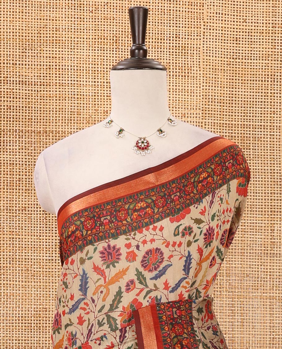 Chikku-base multi-hued floral vine printed viscose muslin saree, contrast zari piping border,print pallu & floral motifs print blouse