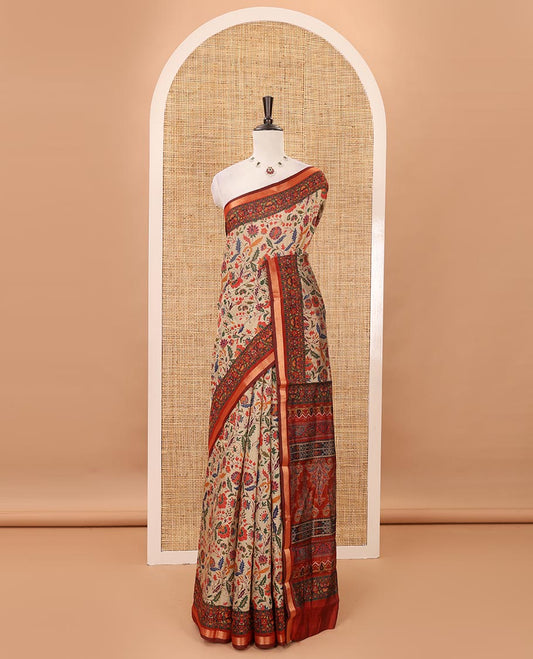 Chikku-base multi-hued floral vine printed viscose muslin saree, contrast zari piping border,print pallu & floral motifs print blouse