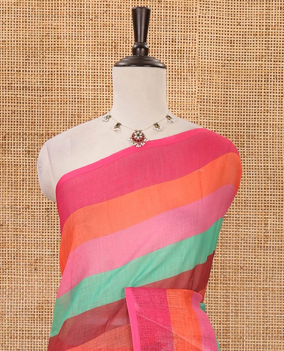 Borderless multi-color ombre striped & handpainting-style flora & birds printed linen cotton saree, Radha motif printed pallu & colorful striped blouse