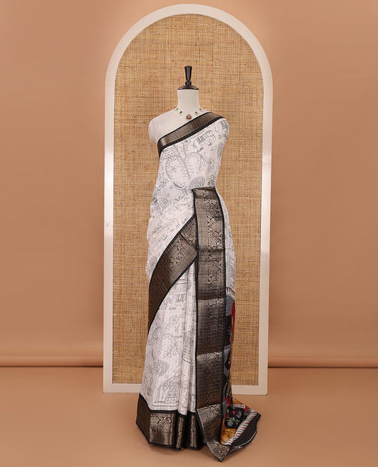 White zari checked flora-fauna printed Dola silksaree, contrast floral creeper zari black border, printed pallu & printed blouse with zariwork