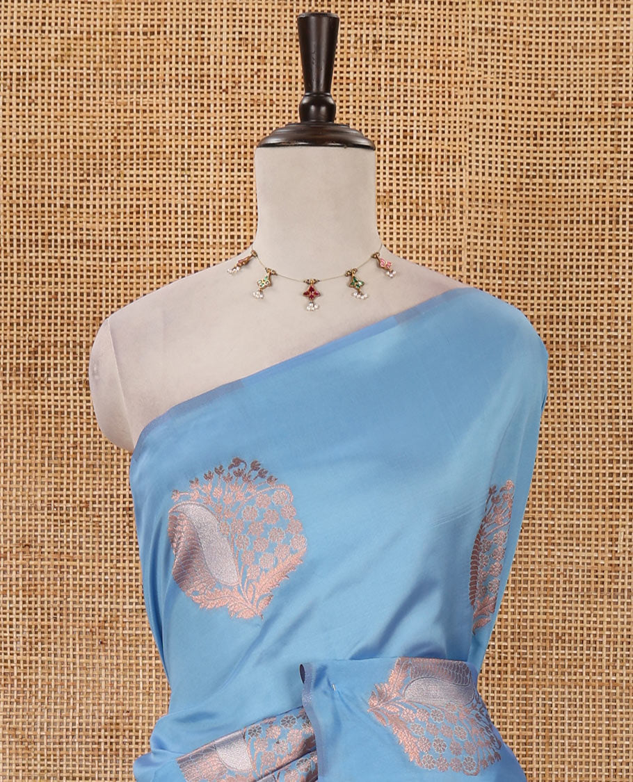 Borderless blue mulberry silk saree with copper & silver zari buttas, self-pallu of intricate designs & zari design blouse