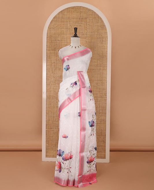 White colorful floral printed & floral vine embroidery linen cotton saree, contrast bavanji zari border & contrast print & embroidered blouse
