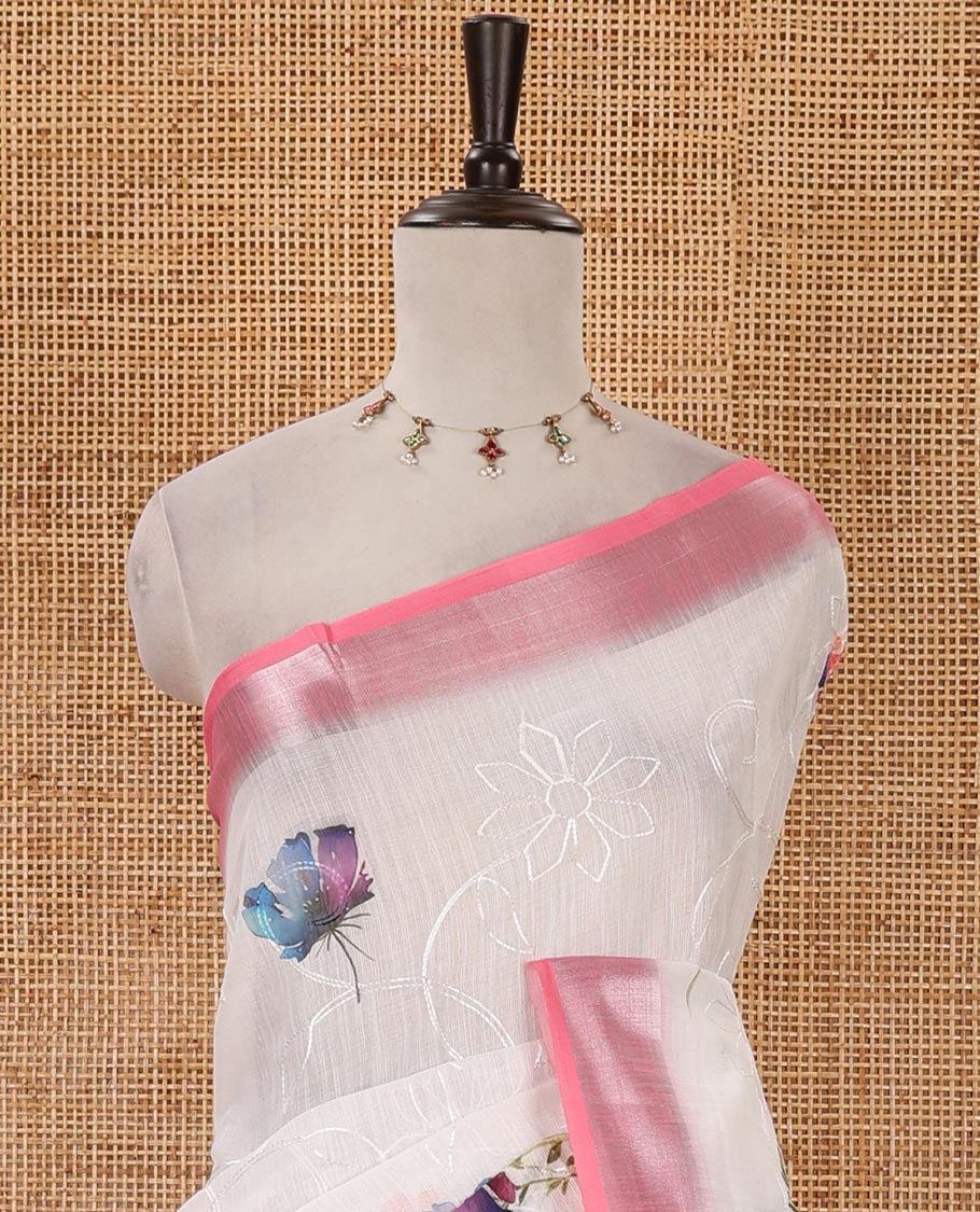 White colorful floral printed & floral vine embroidery linen cotton saree, contrast bavanji zari border & contrast print & embroidered blouse