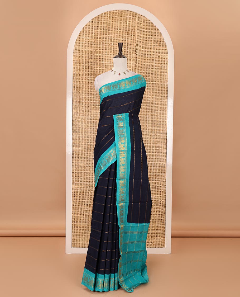 Navy blue zari veldhari striped sungudi cotton saree, contrast temple & annam border, zari striped pallu & contrast zari design blouse