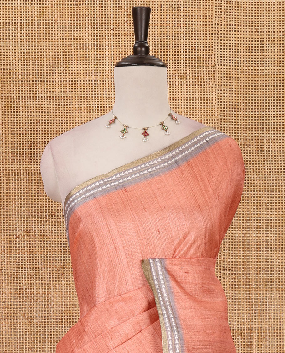 Orange full-plain design semi-tussar saree, contrast thread triangle motifs border, bird motifs printed pallu & contrast striped blouse