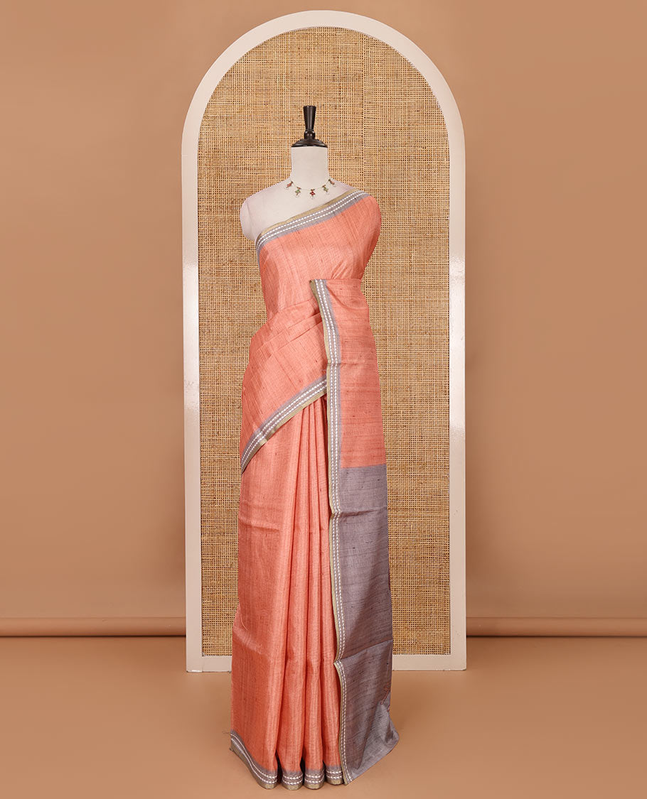 Orange full-plain design semi-tussar saree, contrast thread triangle motifs border, bird motifs printed pallu & contrast striped blouse