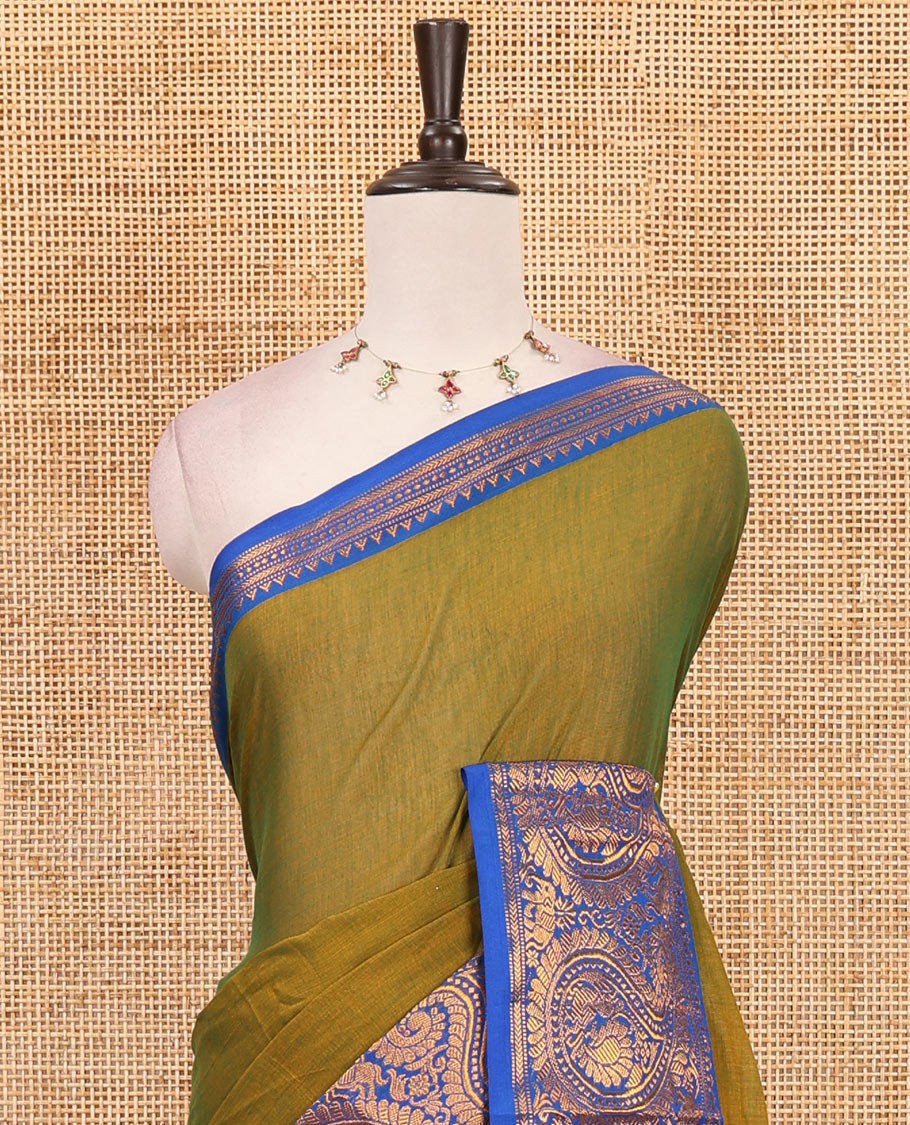 Mehendi green plain design mercerised cotton saree, contrast traditional peacock enclosed manga border, striped pallu & matching blouse