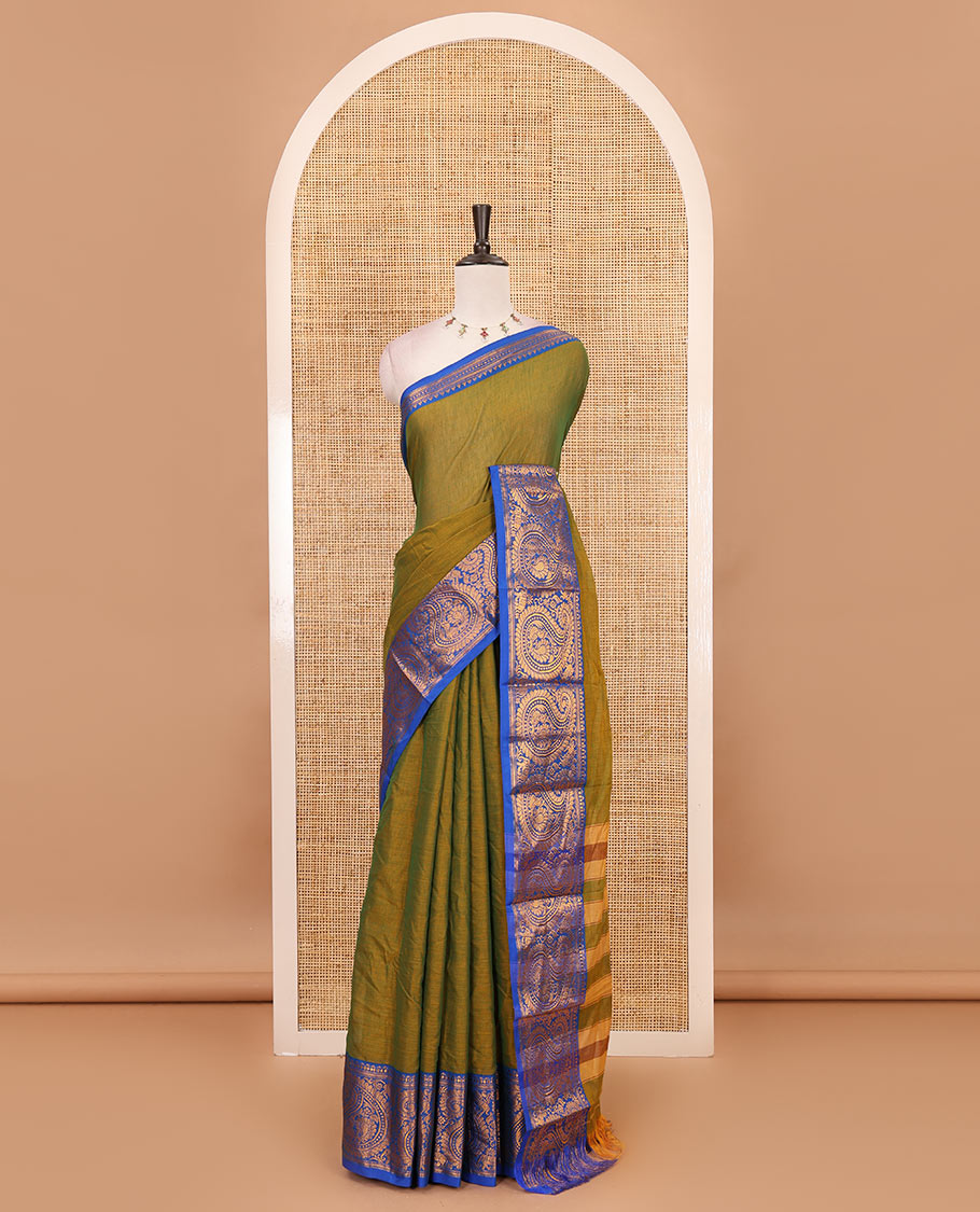 Mehendi green plain design mercerised cotton saree, contrast traditional peacock enclosed manga border, striped pallu & matching blouse