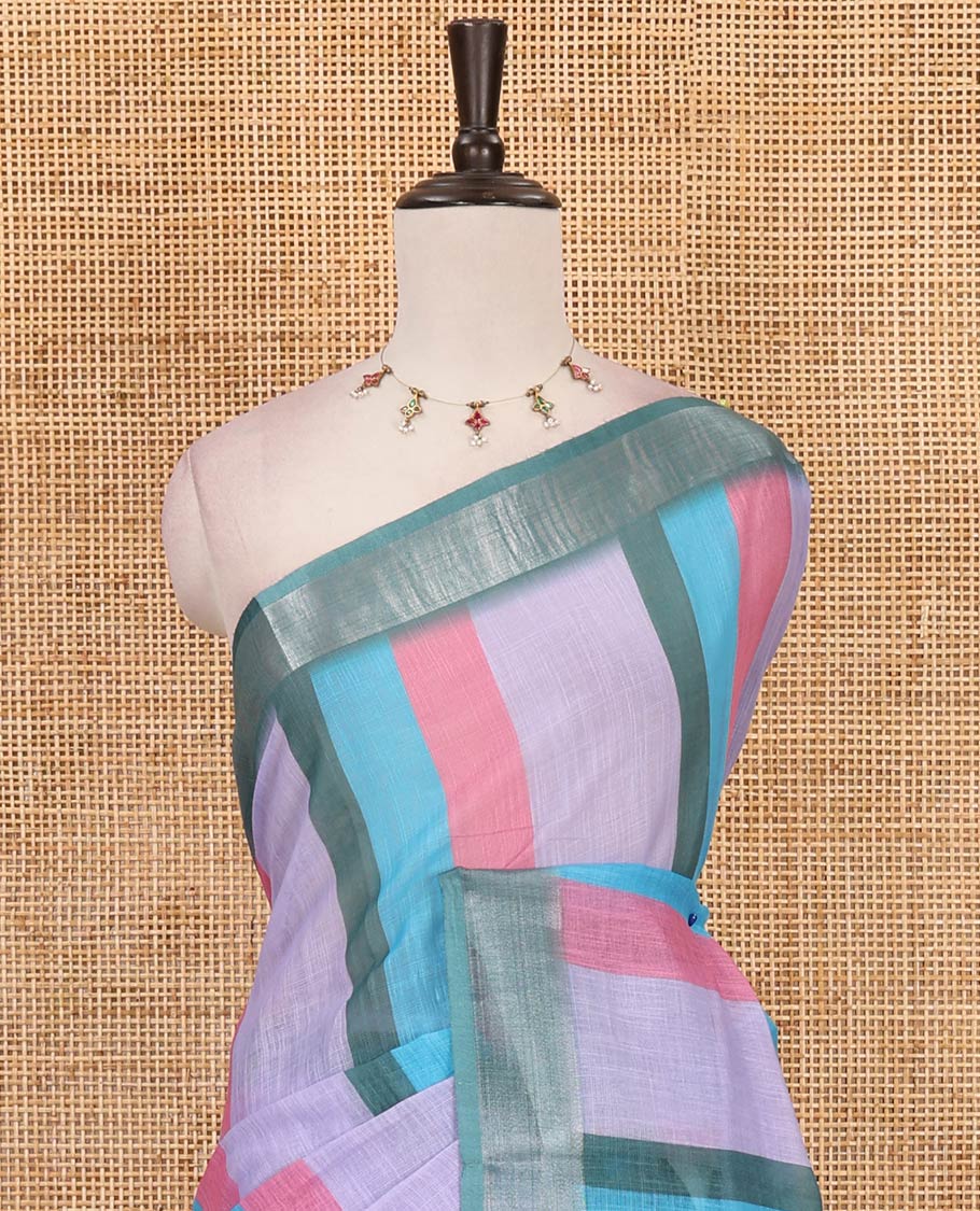 Multi-hue stripes-block linen saree, zari bavanji border, plain pallu & printed blouse