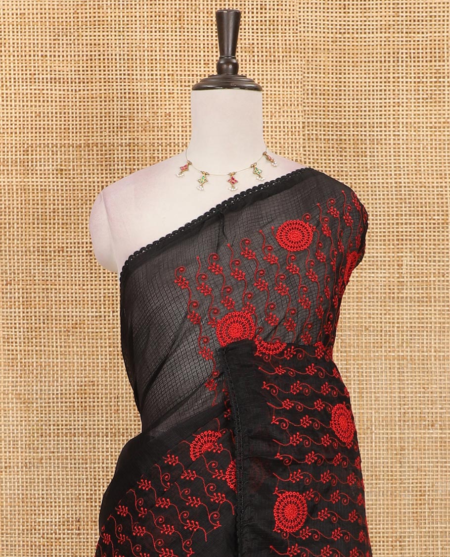 Black all-over red thread floral vine and chakram motifs embroidered Kota chex saree, lace border, and plain black blouse