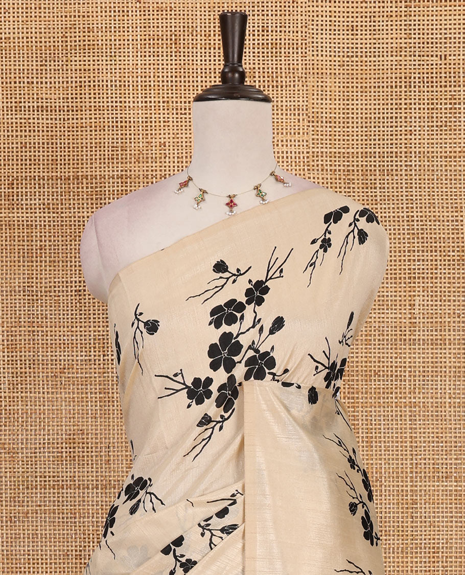 Borderless sandal five petal floral motifs printed semi tussar saree, self-pallu of floral print, and printed blouse
