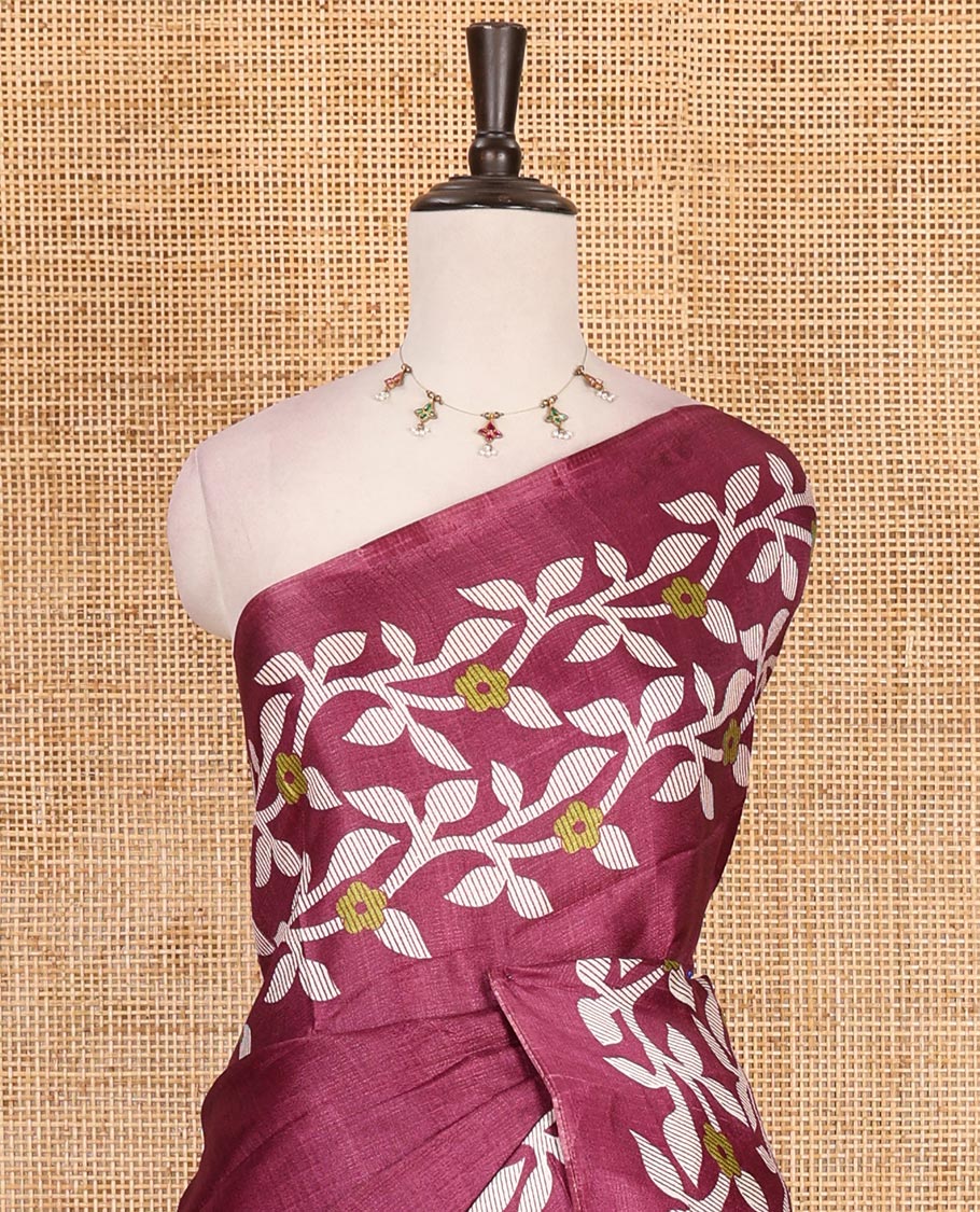Wine plain khadi cotton saree, floral creeper printed border, and pallu with small buttas printed blouse