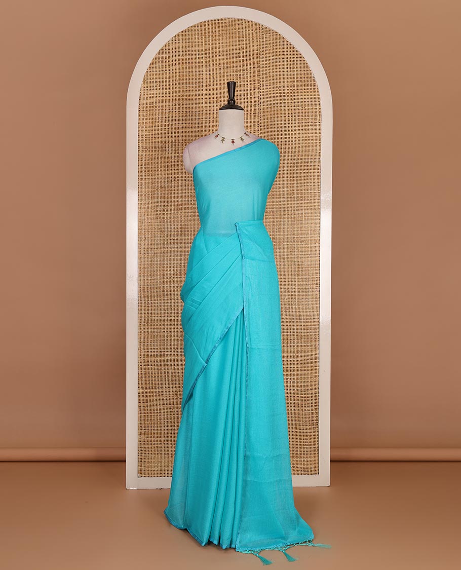 Borderless sky blue plain design viscose saree, flower motifs printed matching blouse