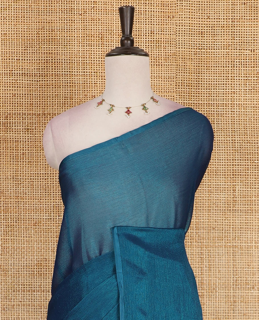 Borderless blue plain design viscose saree, flower motifs printed matching blouse