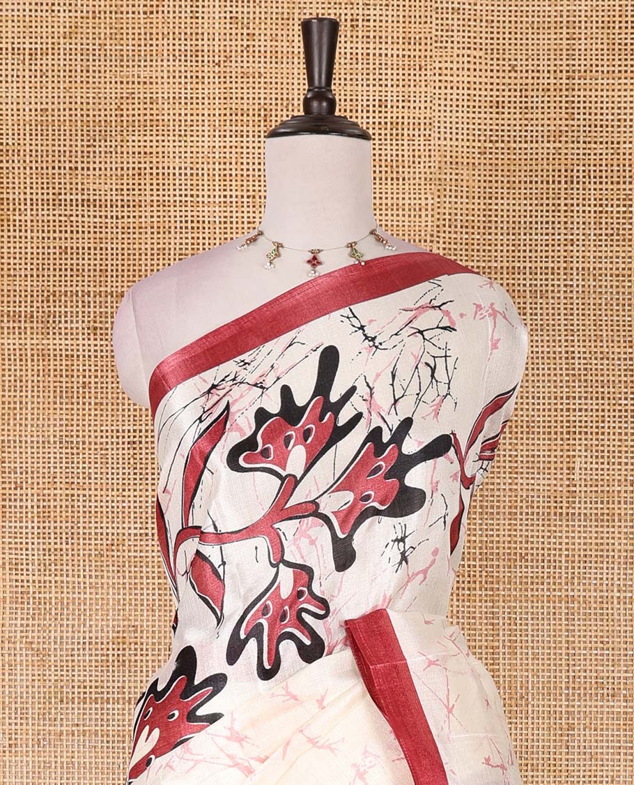 Half-white batik-style floral vine printed khadi cotton saree, contrast red border, batik floral printed, and contrast flower motifs printed blouse