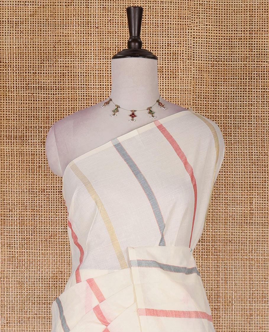 Borderless cream-pink vertical striped Kerala cotton saree, ragkat style pallu, and running blouse